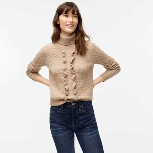 J.Crew Sz M Pearl‎ Ruffle Front Cable Knit Turtleneck Wool Stretch Sweater Top - Picture 5 of 8